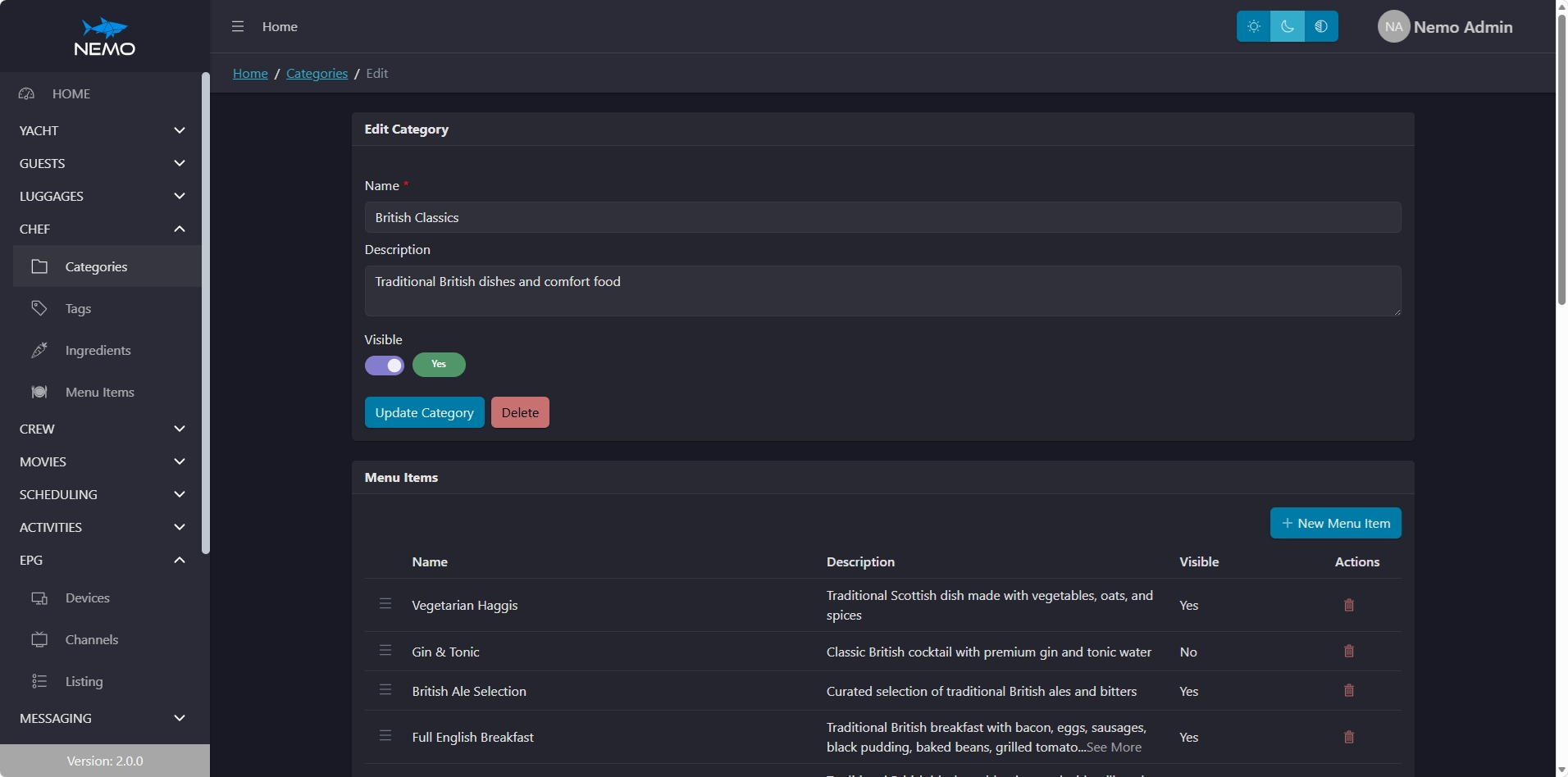 NEMO chef menu categories and organization