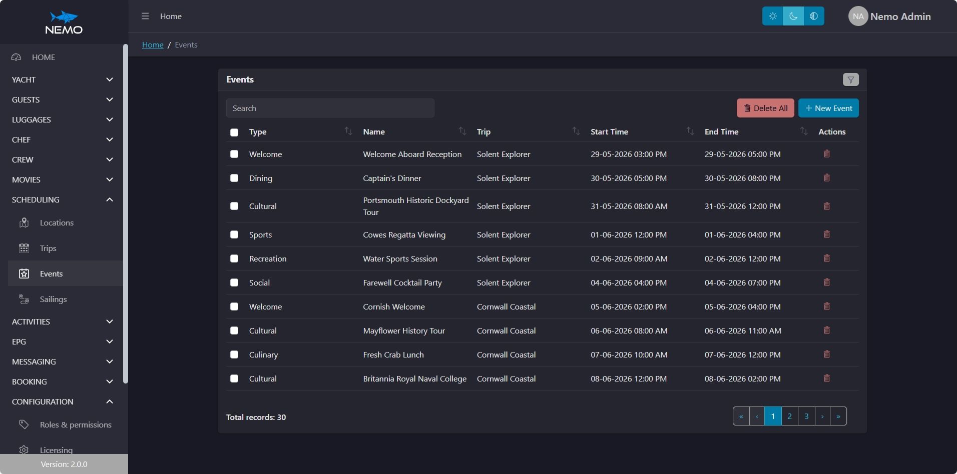 NEMO events and activities scheduling interface