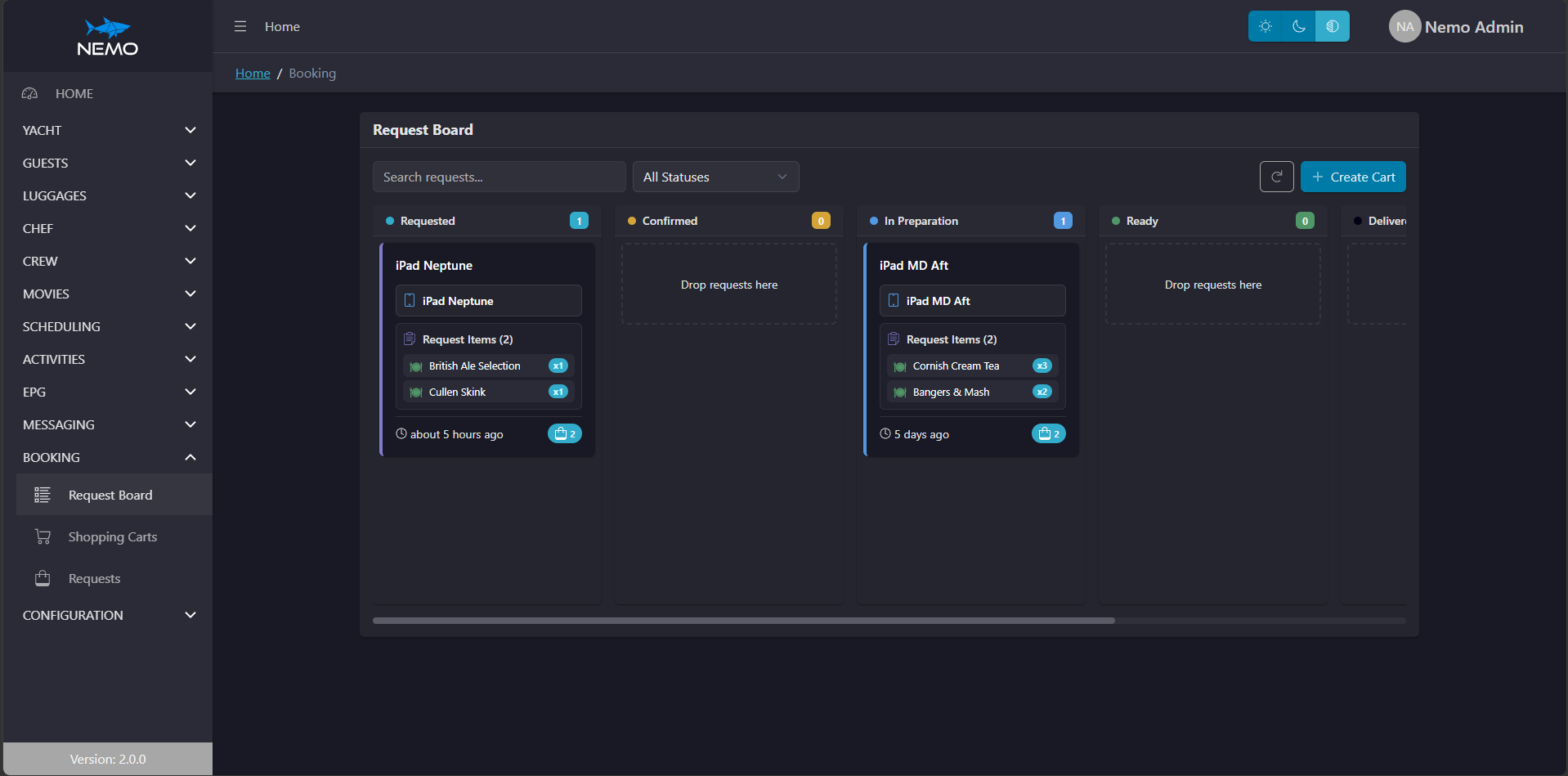 NEMO requests screen showing crew service and operational requests