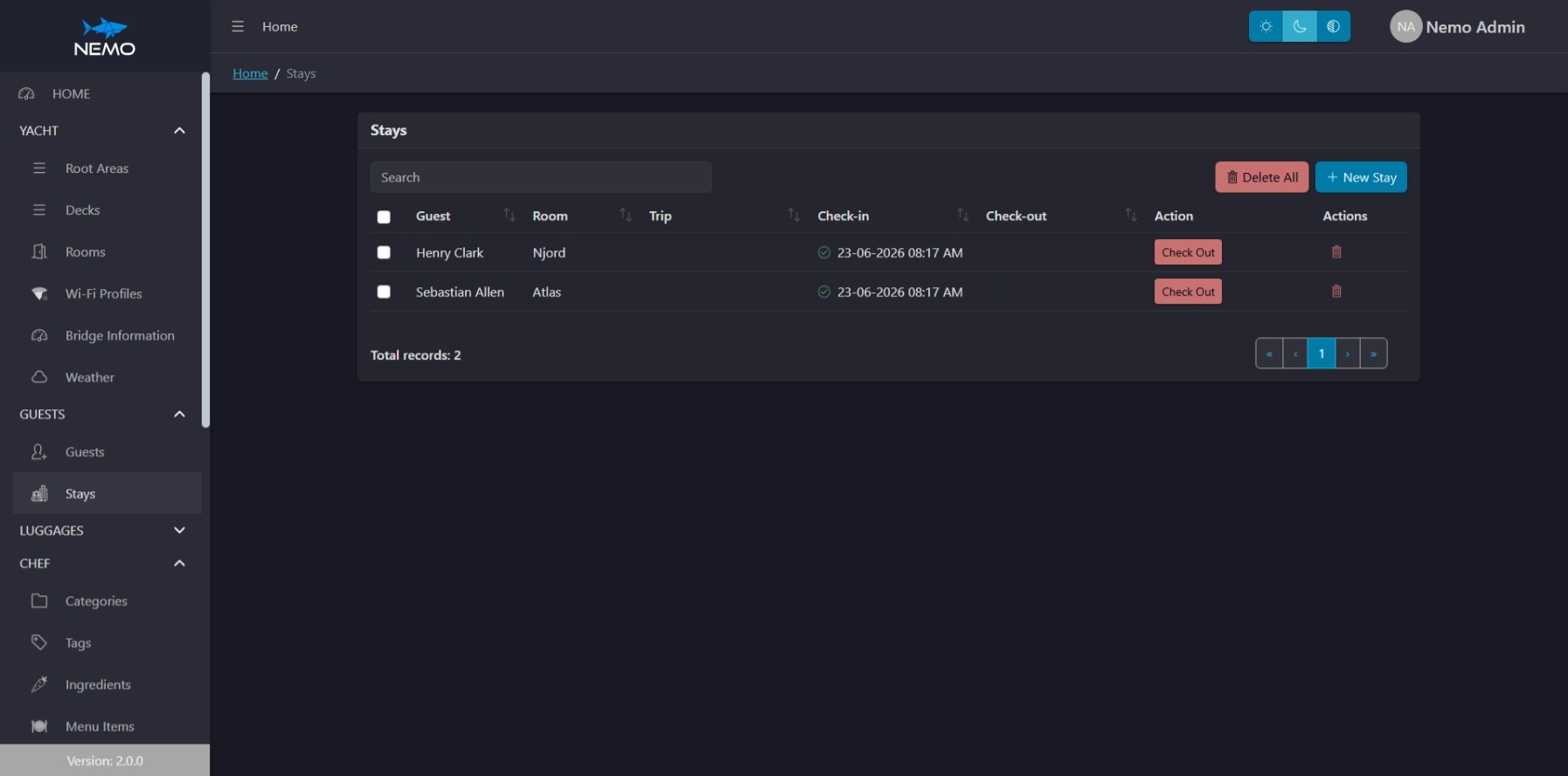 NEMO guest stays and booking management