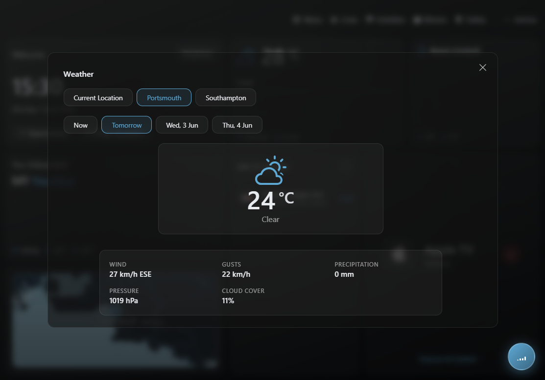 PACK UI screenshot of weather information