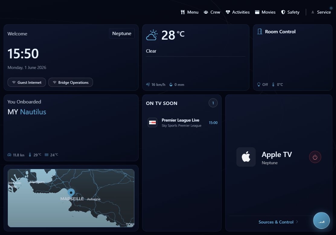 PACK UI guest dashboard running on cabin iPad, powered by NEMO